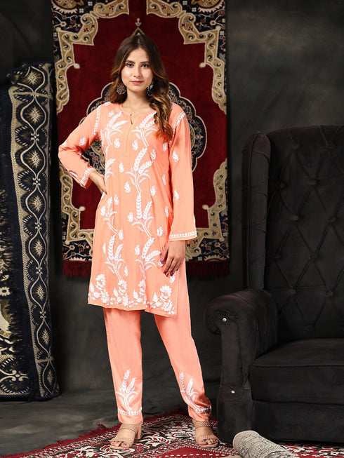 Fizaa Chikankari Short Modal Kurta Set - Peach